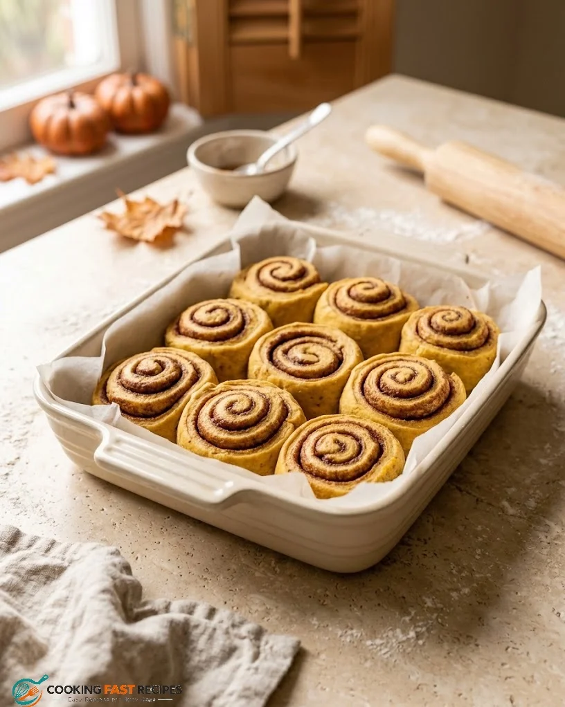 Unbaked pumpkin cinnamon rolls arranged in a baking dish