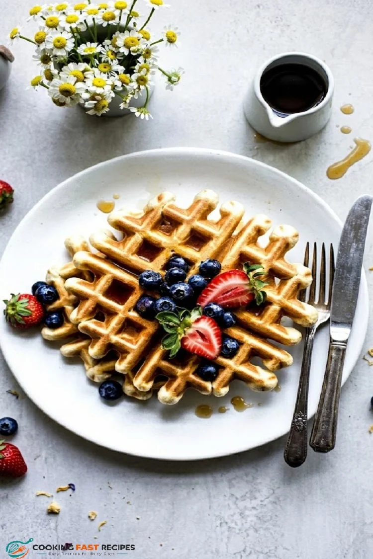Homemade golden waffles with maple syrup, butter, and fresh berries